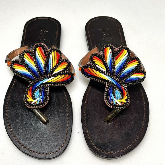Beaded Women African Sandals Bohemian Summer Leather 9-9.5 EU 40 Cruise Slippers - Picture 1 of 10